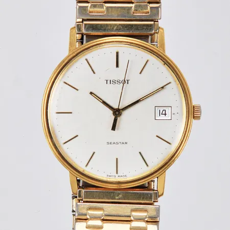 Herrur Tissot Seastar quartz Ø ca 34mm 18K gravyr/bucklig bakboett länk i doublé batteribyte krävs