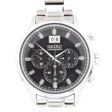 Herrur Seiko Chronograph Big date 7T04-0AE0 Ø 42 mm quartz datum står still stållänk ca 21cm
