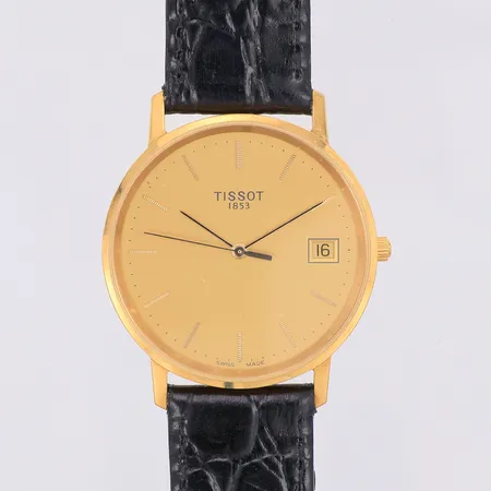 Herrur Tissot 1853 18K quartz Ø33,5mm, datum, armband i läder längd 20,5cm bredd 17mm, yrkesgravyr, står still, box, manual