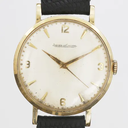 Herrur Jaeger-Le Coultre 14K manuell, 36mm, plexiglas med repor, smuts i urtavla, svart läderband ej original med slitage