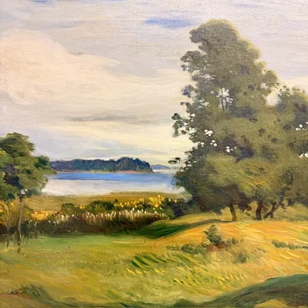 Tavla, olja på duk, Skärgårdsvik signerad Axel Peter (1863-1942)  år 1898, två lagningar i duken 53x80cm, rammått 73x102cm, något lös i ram. OBS. SKICKAS EJ! Specialfrakt, kontakta pantbankskontoret för mer information.