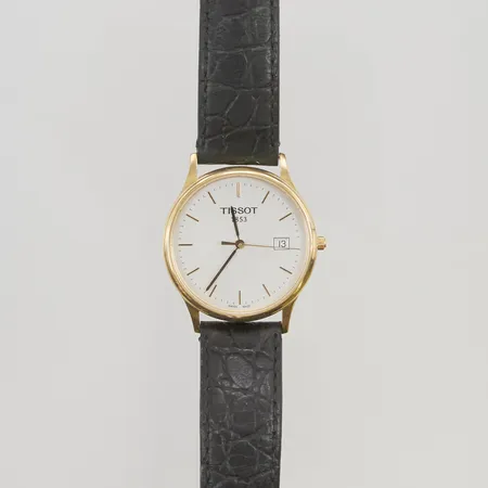 Herrur Tissot 18K, quartz, gravyr, läderband, batteribyte krävs