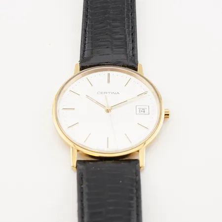 Herrur Certina, quartz, 34mm, orginal läderarmband, 14k, batteribyte krävs