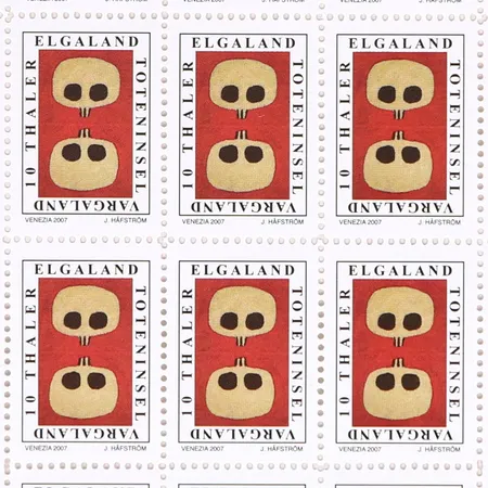Litografi Jan Håfström (1937-) frimärksark "Elgaland Vargaland", signerad och numrerad 47/100, mått 19,5x13,5cm, ej inramad 