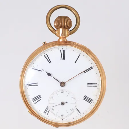 Fickur 18K Ø 49mm, bakboett med monogramdekor, innerboett i 18K, serienr: 18111, urtavla med färgsläpp, står still, bruttovikt: 86,6g