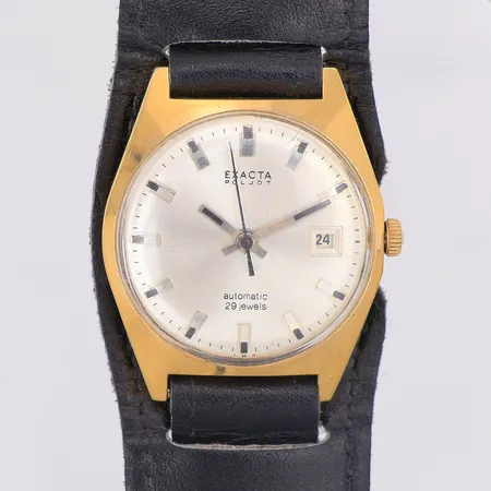 Herrur Exacta Poljot stål gulddoublé automatisk Ø32mm, datum, armband i läder längd 21cm bredd 18-32mm, inga tillbehör