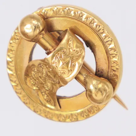Brosch med organisk dekor, Ø ca 20mm, bucklig, ostämplad, 18K Vikt: 3,7 g