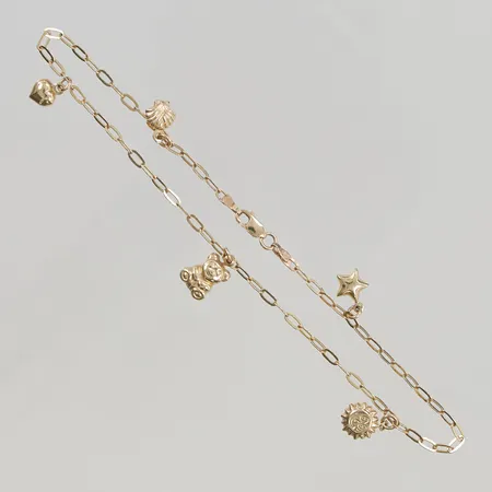 Vristlänk med 5 Berlocker 26cm, bredd:2,3mm 14K 3,7g.