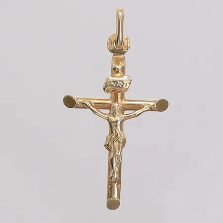 Hänge krucifix längd ca 34mm, bredd 17,5mm, italienska stämplar. 14K Vikt: 1,3 g