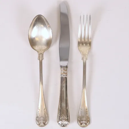 Sked gaffel och kniv modell Gammal Fransk, längd 18-21cm, blad i rostfritt stål, silver 830/1000 Vikt: 183 g