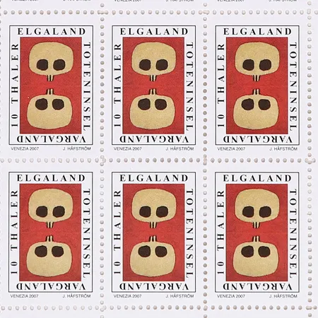Litografi Jan Håfström (1937-) frimärksark "Elgaland Vargaland", signerad och numrerad 52/100, mått 19,5x13,5cm, ej inramad 