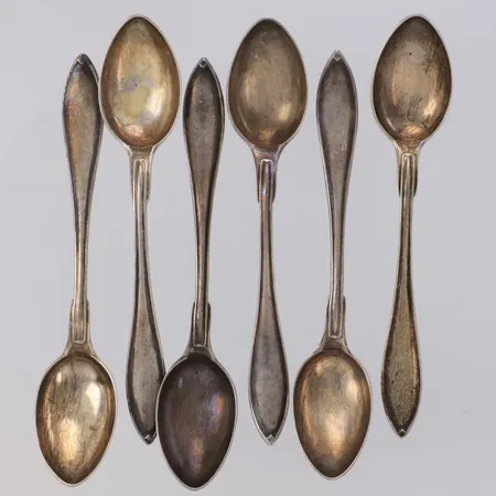 6 Kaffeskedar, längd 11cm, 830/1000 silver Vikt: 70,4 g