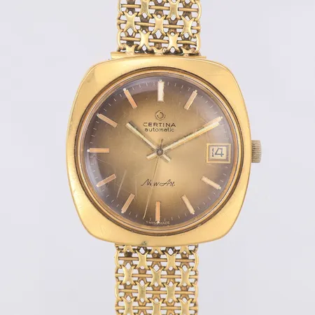 Herrur Certina New Art 18K automatisk Ø30,5mm, 5810161156785, brun urtavla, datum, armband X-länk med stav 18K längd 16,5cm bredd 15mm, repigt plastglas, inga tillbehör, bruttovikt 62,3g