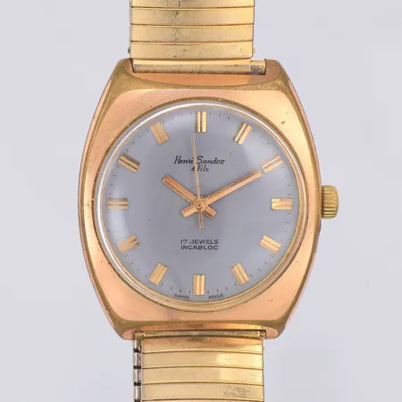 Herrur Henri Sandoz & Fils stål manuell Ø30mm, 844-88, flexarmband längd 16cm bredd 16mm, repigt plastglas, sliten gulddoublé, inga tillbehör