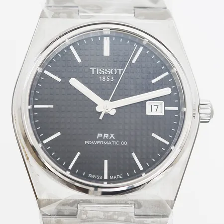 Herrur Tissot PRX Powermatic 80 automatisk Ø40mm, refnr: T137407A serienr: GTFDD5VIK, svart urtavla, integrerad stållänk med plastfilm, safirglas, glasbaksida, stål, nyskick, ostämplat certifikat, med original box