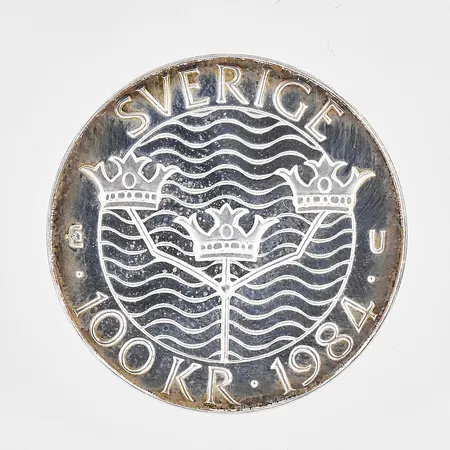 Minnesmynt Europa Förtroende Säkerhet Nedrustning Stockholm Sverige år 1984, Ø32mm nominellt värde 100kr plastetui silver 925/1000 Vikt: 16 g