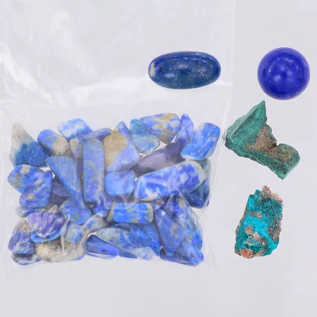 2 Lapis lapzuli cabochonslipade 2 råa malakiter & trumlade lapis lapzuli