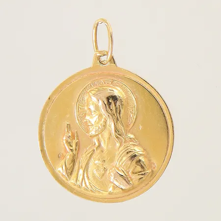 Hänge med motiv, ena sidan av Jesus, andra sidan av Jungfru Maria och Jesusbarnet 38x24mm, något bucklig, 18K  Vikt: 4,8 g