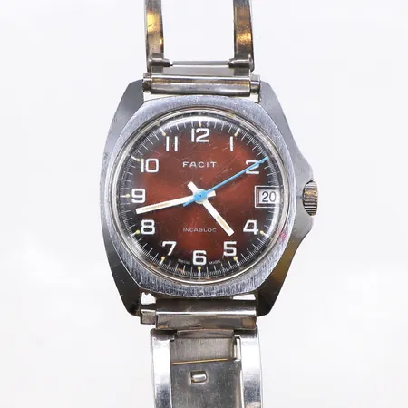 Herrur Facit Incabloc, 33mm, stainless steel, boettnr:465, defekt krona, defekt stållänk, repor på glaset, inga tillbehör. 
