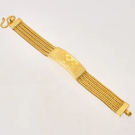 Armband 16,5cm Rävsans, fyra rader, bredd 14mm, plattan är buklig, thaiguld 23K, 2 bath, 30,4g.