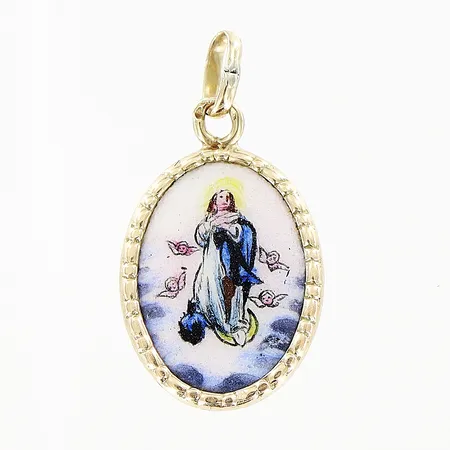Hänge 18x10mm porslinsplatta religiöst motiv, 14K Vikt: 0,9 g