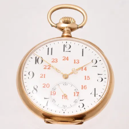 Fickur Zenith i 14K guld, manuell, Ø50mm, verknr 237205, boettnr 203761, liten sekundvisare, röd 24-timmarsvisning, personlig gravyr på innerboett, bruttovikt 80,3g.