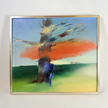  Tavla Alf Olsson olja på duk "Mannen och eken" 1977 41 x 36cm ram i silverfärgat trä visst slitage på ramen Skickas med postpaket.