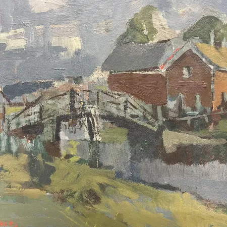Tavla Alex William Öberg, gårdsmotiv, olja på pannå, träram, ramat mått 45x52 Skickas med postpaket.