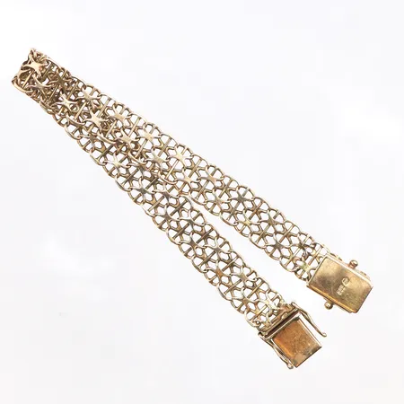 Armband x-länk, längd 18cm, bredd 9,5mm, defekter/lagningar, bruksslitage, 14K. Vikt: 10,4 g