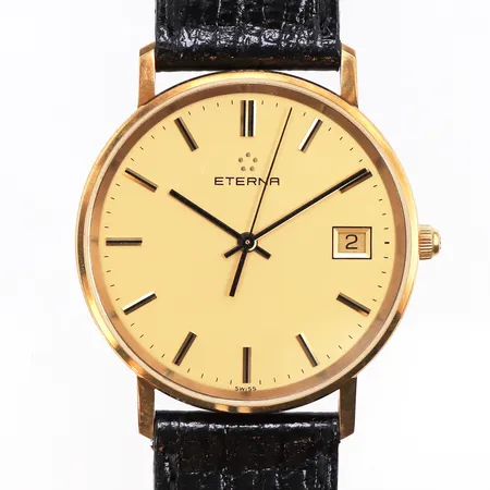Herrur Eterna 18K, boettnr: 4100 68 med läderband, automatic, Ø32,4mm, gravyr, batteribyte krävs, bruksslitage på läderband, euti.