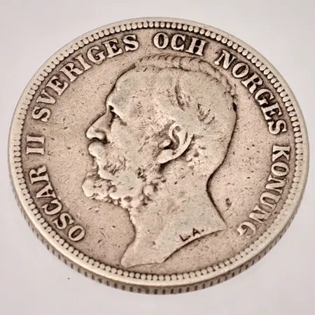 Mynt 2 Kronor - Oscar II, Ø31mm, präglat år 1898, 800/1000 silver, 14,69g. 