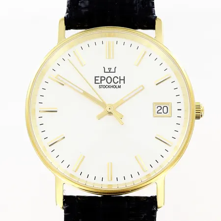 Herrur Epoch Stockholm 18K quartz Ø33mm, datum, sekundvisare, original läderband längd 24cm, törnlås, nyskick, folder, etui.
