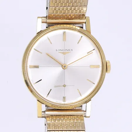 Herrur Longines manuell Ø34 18K i boett box inga övriga tillbehör hårt bruksslitage gravyr