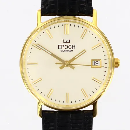Herrur Epoch quartz Ø34mm, 18K i boett, svart läderrem, datum, sekundvisare, nyskick, etui Vikt: 0 g