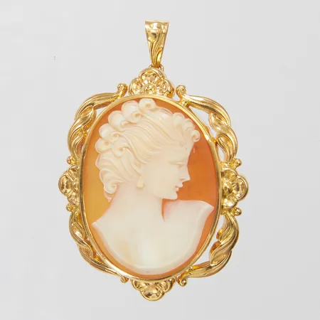 Hänge/brosch snäckskalscamé längd 55mm, bredd 37mm, 18K, bruttovikt: 10,7g. 