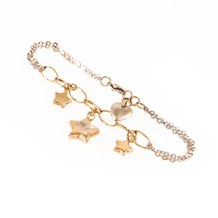 Armband 20-21cm bredd 3,5-6mm med berlocker stjärnor, vissa ojämnheter, vit- och gult guld 18K 6,9g.