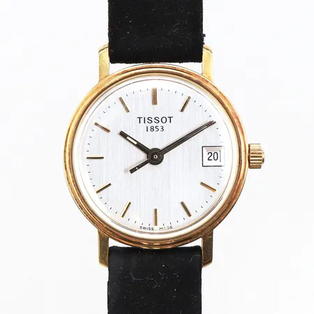 Damur Tissot 18K, quartz, sammetsband, Ø22mm, gravyr, etui, reservdelar, batteri byte behövs, extra läderband.