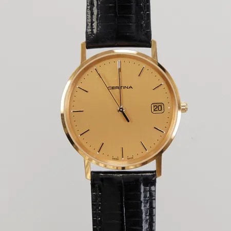 Herrur Certina, quartz, Ø33,5mm, datum, referensnummer 158.9289.68, safirglas, läderarmband, batteribyte krävs, Ograverad, box, 18K 