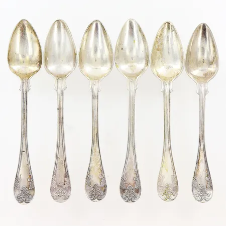 6 teskedar längd 14,5cm 1850-tal, gravyr, silver 830/1000 Vikt: 104,5 g