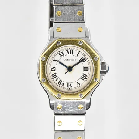 Damur Cartier Santos Ronde, stål/guld, automat, boettnr 0750601, ytliga repor, defekt/går ej,, behov av service, ca 1980-1990-tal, slapp länk, innermått ca 16cm, inga tillbehör.