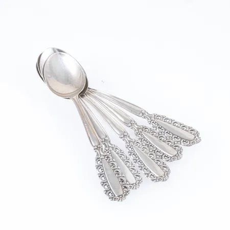 Fem kaffeskedar Carmen längd 115mm, bruksslitage, silver 830/1000 50,8g. 