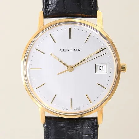 Herrur Certina 14K quartz boett-nr: EOL 115 9299 65 Ø33mm datum mineralglas läderband, garantibevis, tag, box, ytterkartong
