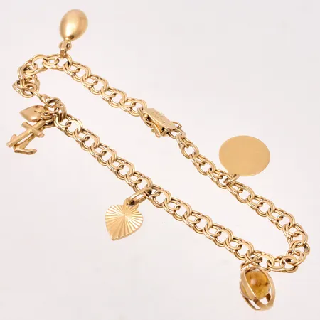 Armband Bismarck i 18K guld med 7 berlocker, längd ca 20cm, bredd ca 5mm,10,80g. 