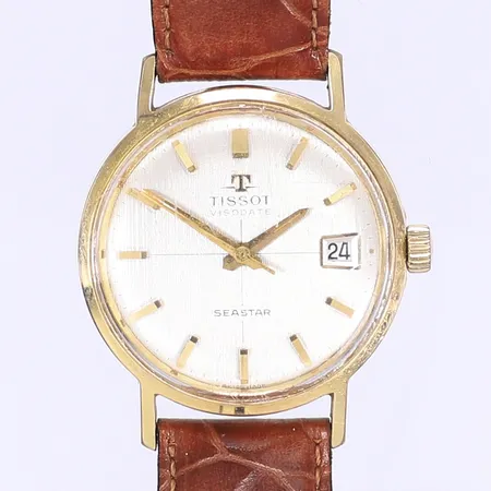 Herrur Tissot Seastar Visodate mekanisk Ø33mm stål krokopräglat läderband bruksslitage