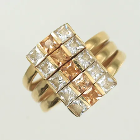 Ring med vita och bruna stenar, stl 18¾ bredd 7-15mm, 14K 3,9g totalt