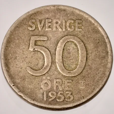 Mynt 50öre, år 1953, Ø22mm, 400/1000 silver, 4,68g. 