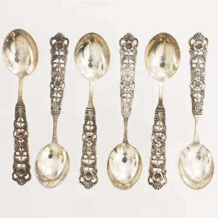 Sex kaffeskedar "Florentina" längd 11,5cm Hallbergs Guldsmeds Ab C G år 1961, gravyrer Silver 925/1000 Vikt: 81,6 g