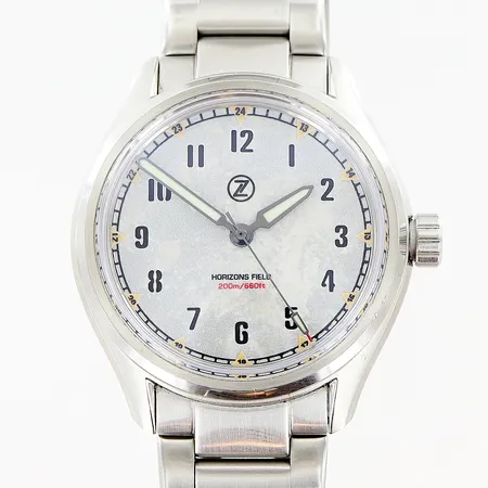 Herrur Zelos Horizons Field stål automatisk, Ø38mm, serienr 020/100, original stållänk ca18cm, extra länkbit 42mm, garantikort December 2020 Zelowatches.com, tygfodral.