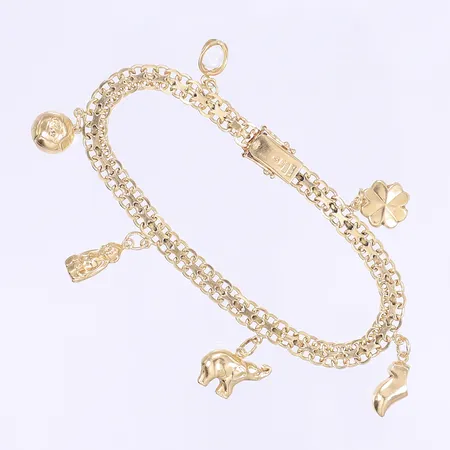 Armband X-länk med 6 berlocker längd 19,5cm bredd 5mm kistlås 18K Vikt: 14,9 g
