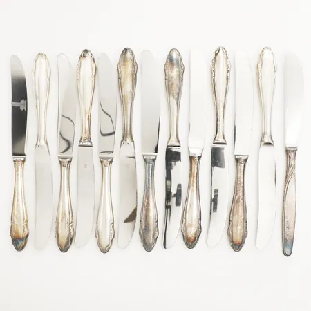 13 matknivar 20cm blad i rostfritt stål 800/1000 silver bruttovikt 694,0g Vikt: 694 g
